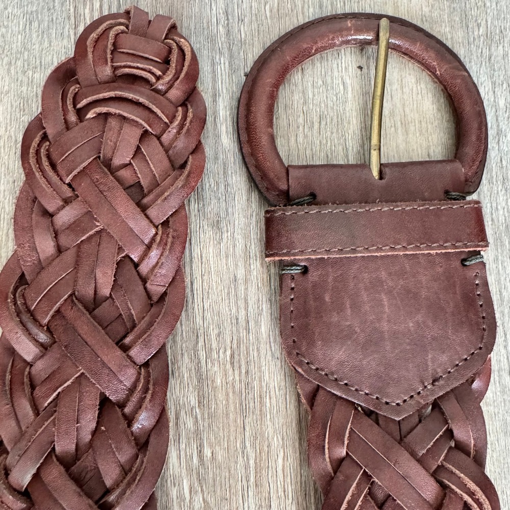 Abercrombie & Fitch Brown Braided Leather Belt XS/S Wide Woven Boho Round Buckle - Picture 11 of 13